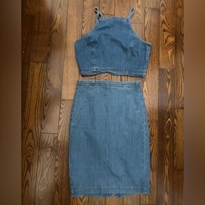 Denim Two-Piece Crop Top and Pencil Skirt Set - Blue